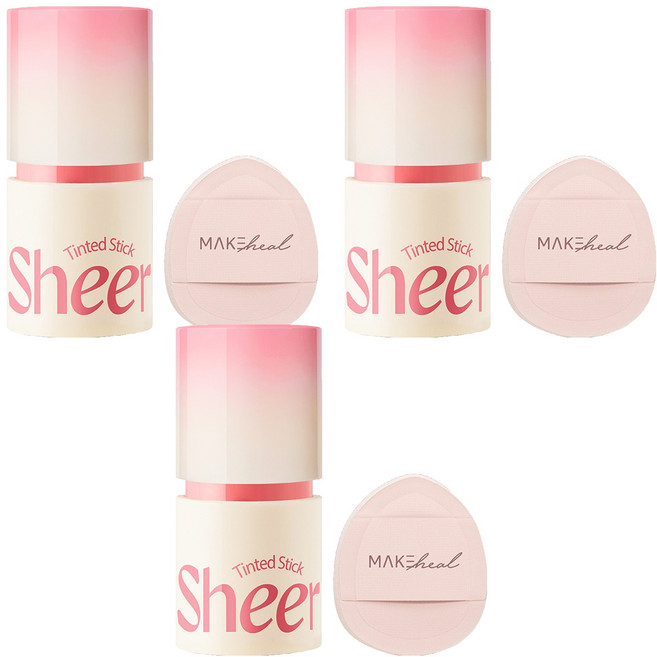 메이크힐 틴티드 쉬어 스틱 블러셔 6g + 핑거퍼프 세트, 03 쉬어 핑크 프롤리, 3개