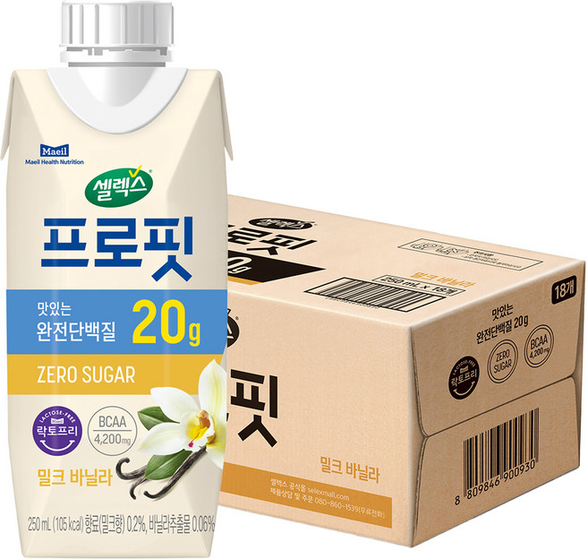 셀렉스 프로핏 완전단백질 드링크믹스 RTD 밀크 바닐라, 250ml, 18개