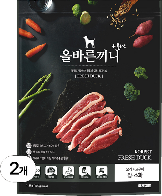 국개대표 강아지 올바른끼니 기능성 사료, 장건강/유산균, 1.2kg, 2개