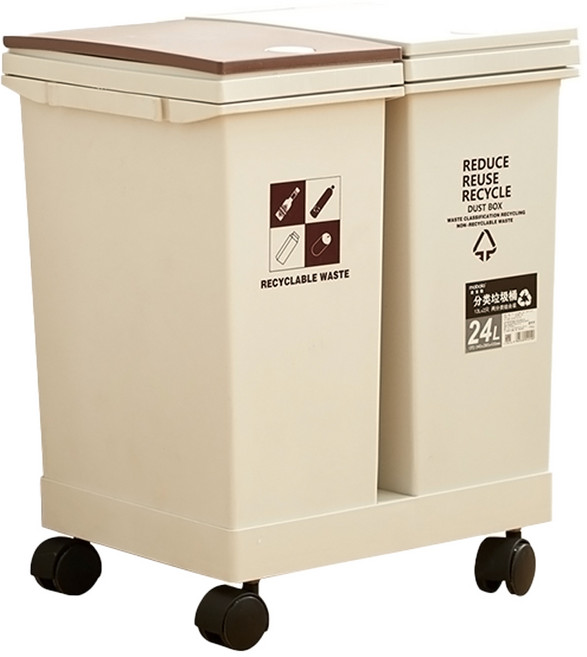 FAmILyLIFE 生活 彈蓋雙槽分類垃圾桶 附輪 24L 1.8kg, 米色
