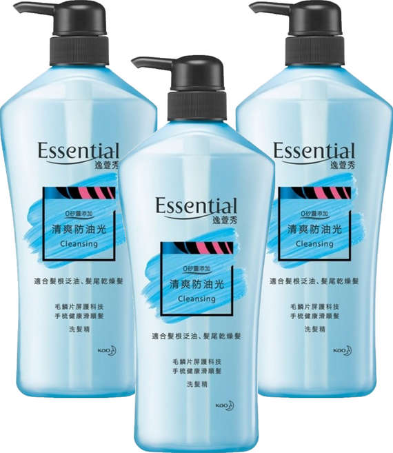 Essential 逸萱秀 瞬效鎖水系列 清爽防油光洗髮精 0矽靈添加 適合髮根泛油、髮尾乾燥髮, 700ml, 3瓶