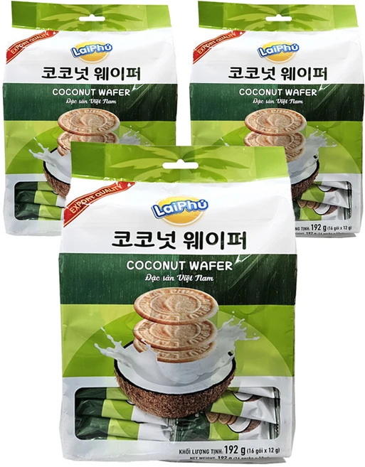 LaiPhu 코코넛 웨이퍼, 192g, 3개 - 쿠팡