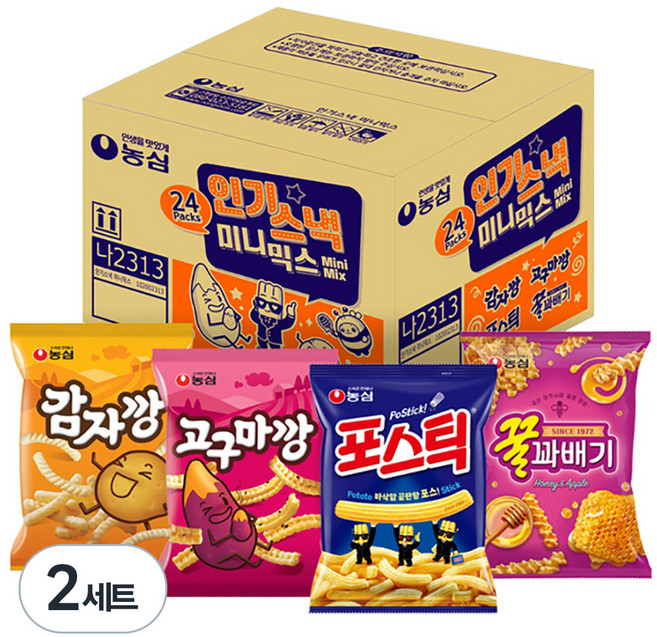 농심 인기스낵 미니믹스, 꿀꽈배기 6p + 포스틱 6p + 감자깡 6p + 고구마깡 6p, 2세트