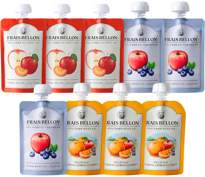 프레벨롱 짜먹는 국산 과일퓨레 9팩, 혼합맛(사과/자두) + 혼합맛(사과/블루베리) + 제주감귤, 900g, 1세트