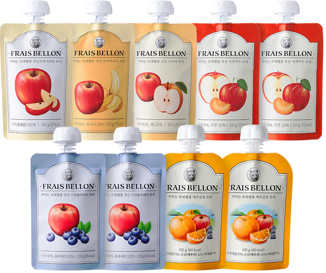 프레벨롱 짜먹는 국산 과일퓨레 9팩, 사과 + 혼합맛(사과/바나나) + 혼합맛(사과/배) + 혼합맛(사과/자두) + 혼합맛(사과/블루베리) + 제주감귤, 900g, 1세트