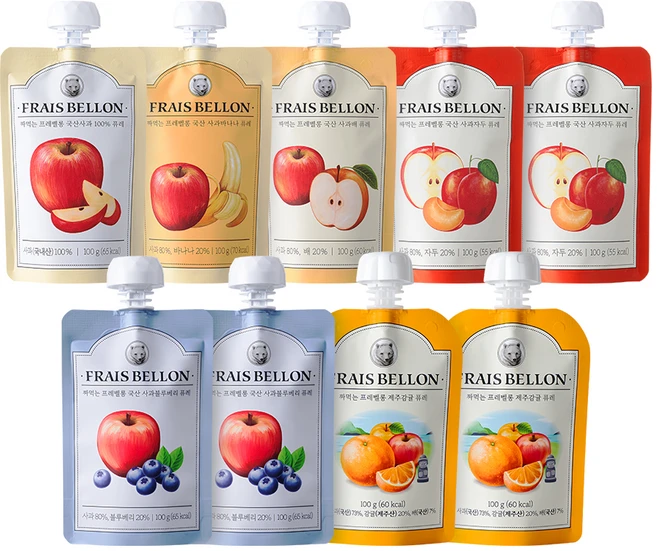프레벨롱 짜먹는 국산 과일퓨레 9팩, 사과 + 혼합맛(사과/바나나) + 혼합맛(사과/배) + 혼합맛(사과/자두) + 혼합맛(사과/블루베리) + 제주감귤, 900g, 1세트 - 쿠팡