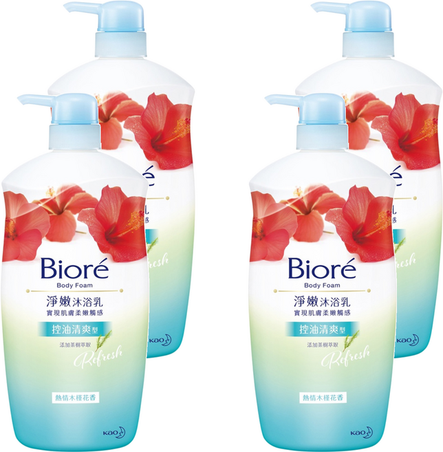Biore 蜜妮 淨嫩沐浴乳 控油清爽型 熱情木槿花香, 1kg, 4瓶