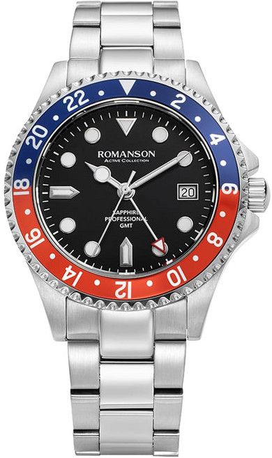 ROMANSON Actius GMT 單向旋轉錶圈金屬手錶 RWAMFM3BS004 + 禮品包裝組