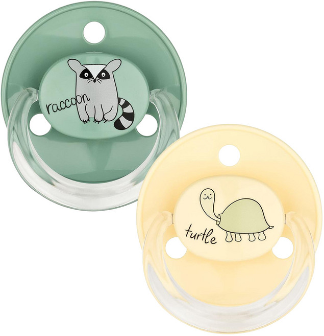 BABYNOVA 乳膠圓頭安撫奶嘴2入組, 0~24個月, 浣熊綠 + 烏龜黃, 2個