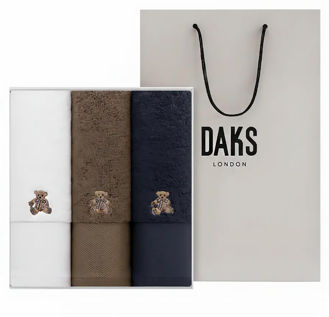 DAKS 人字紋泰迪洗面奶高級毛巾3件套 + 購物袋, 1組, 白色+海軍藍+棕色