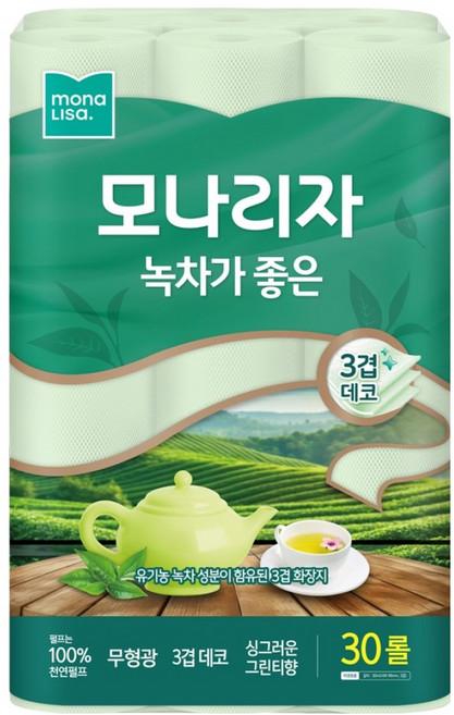 모나리자 녹차가 좋은 천연펄프 3겹 고급롤화장지, 30m, 30롤, 1개