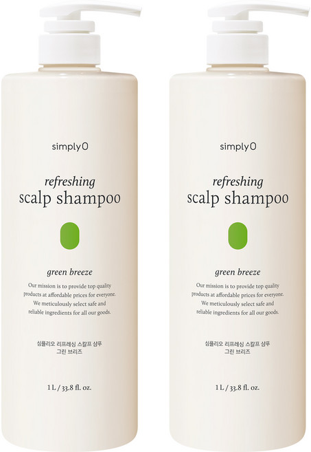 심플리오 리프레싱 스칼프 샴푸 그린 브리즈, 1L, 2개