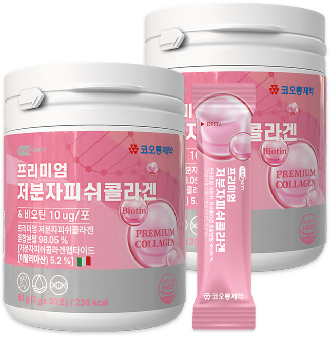 코오롱제약 프리미엄 저분자 피쉬 콜라겐 30p, 60g, 2개