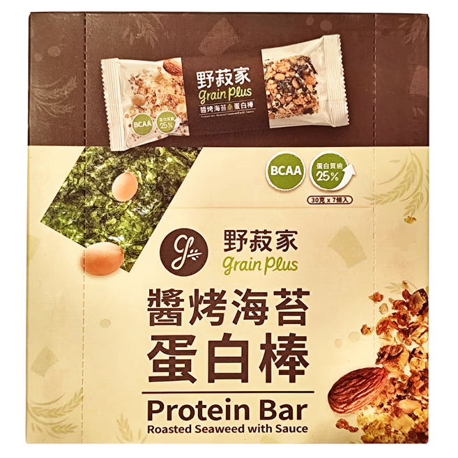 grain plus 野菽家 穀物蛋白棒 醬烤海苔 7條, 210g, 1盒
