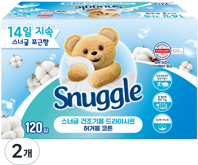 스너글 건조기용 드라이시트 허거블코튼 본품, 120개입, 2개