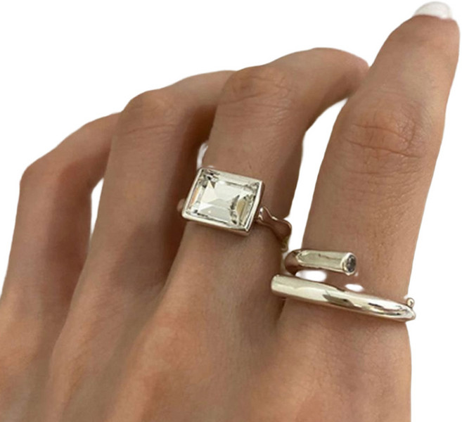 Stone Jewelry 寶石飾品 925純銀 方形 寶石 十字 戒指 兩件組