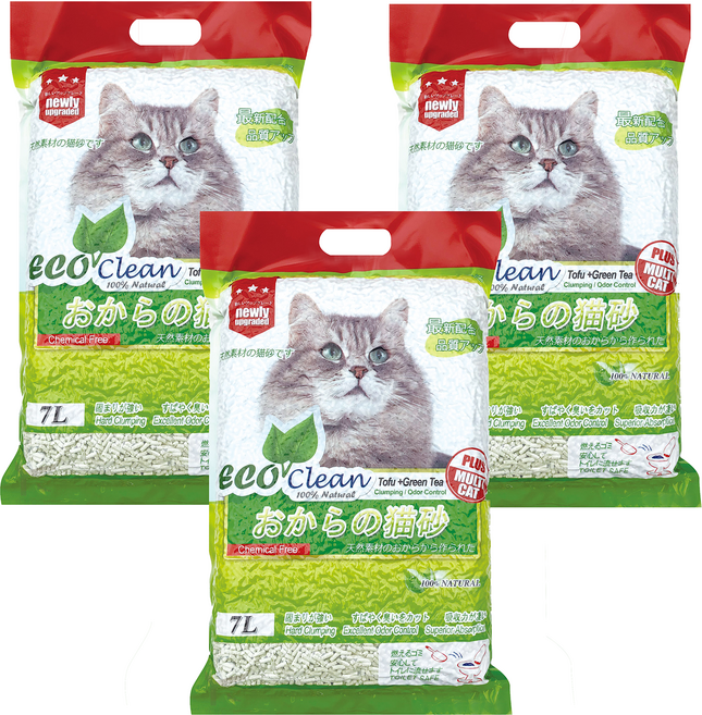 EcoClean 豆腐貓砂, 3袋, 7L, 綠茶