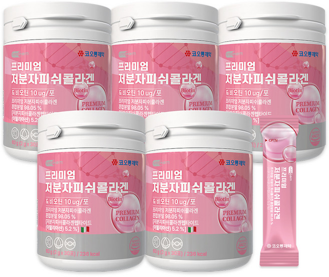 코오롱제약 프리미엄 저분자 피쉬 콜라겐 30p, 60g, 5개