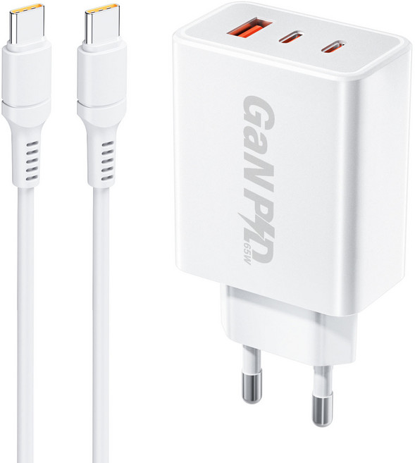 YINTO GaN 65W c타입 고속 충전기 3포트 PD3.0 PPS + C TO C 1M 100w 케이블 세트, 1세트, 화이트