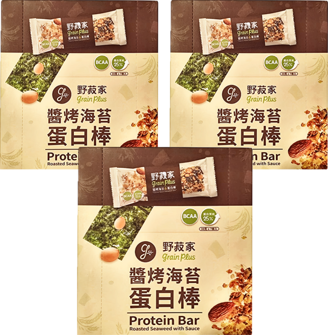 grain plus 野菽家 穀物蛋白棒 醬烤海苔 7條裝 含BCAA 蛋白質含量超過25%, 210g, 3盒