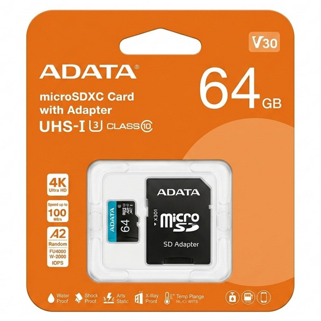 ADATA 威剛 microSDXC 記憶卡 附轉卡 UHS-I U3 A2 V30 AUSDX64GUI3V30SA2-RA1, 64GB, 1組