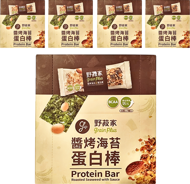grain plus 野菽家 穀物蛋白棒 醬烤海苔 7條裝 含BCAA 蛋白質含量超過25%, 210g, 5盒