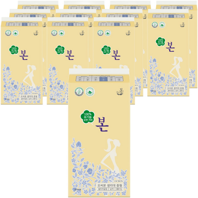 유기농본 순면커버 울트라슬림 생리대 날개형, 중형, 30개입, 12개