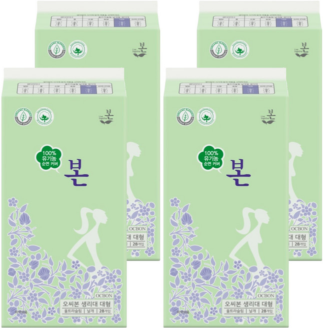 유기농본 유기농 순면 울트라슬림 생리대, 대형, 28개입, 4개