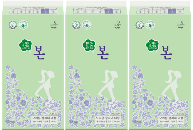 유기농본 유기농 순면 울트라슬림 생리대, 대형, 28개입, 3개