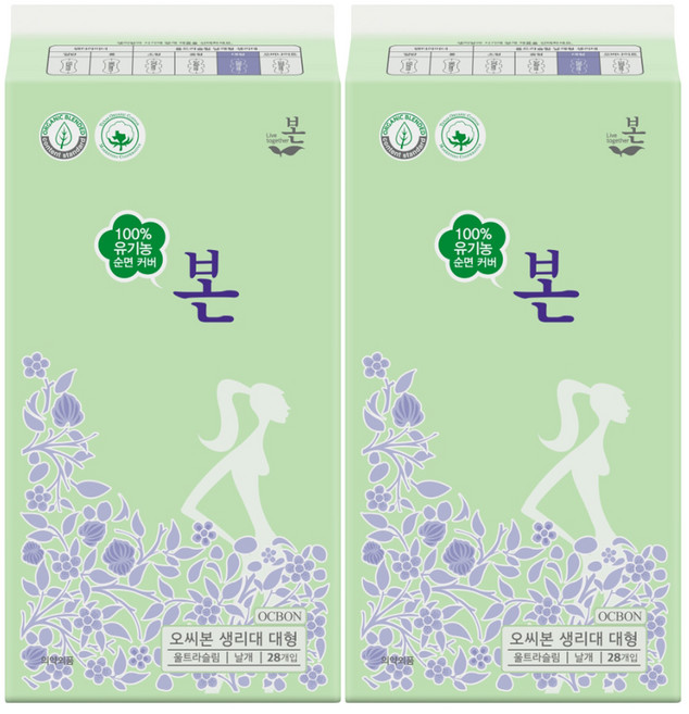 유기농본 순면커버 울트라슬림 생리대 날개형, 대형, 28매입, 2개