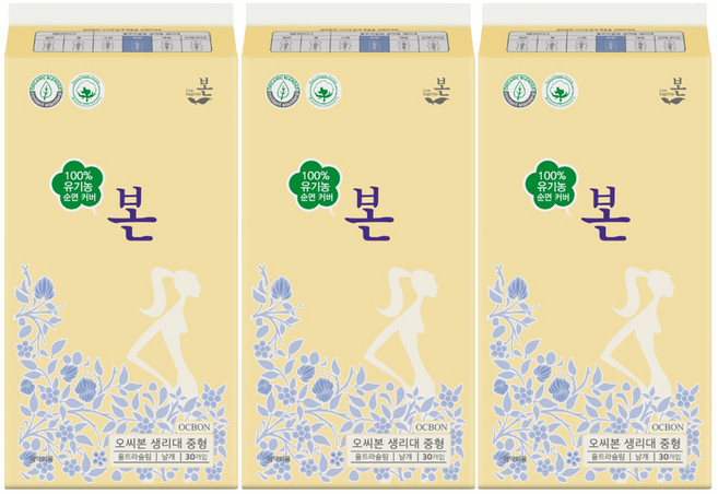 유기농본 유기농 순면 울트라슬림 생리대, 중형, 30개입, 3개
