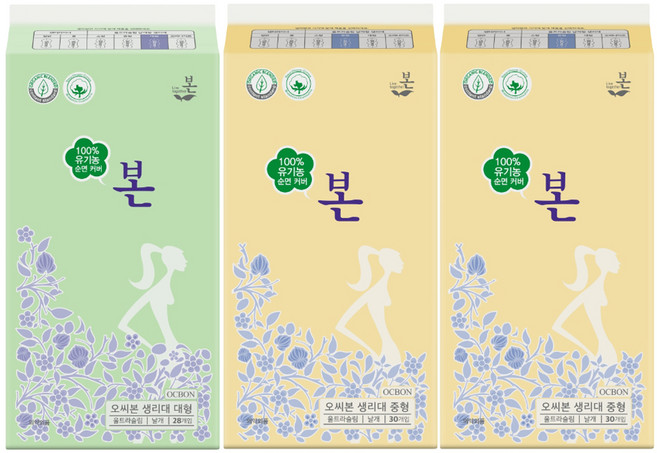 유기농본 유기농 순면 울트라슬림 생리대 대형 28p + 중형 30p x 2팩, 1세트