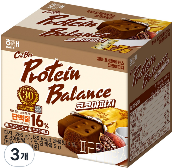 해태제과 칼바 프로틴 바란스 코코아퍼지 7p, 266g, 3개