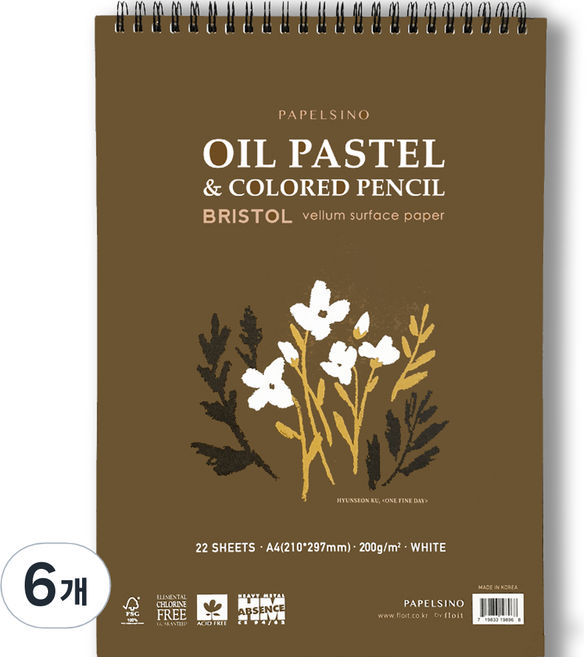 파펠시노 오일파스텔 색연필전용 종이 스케치북 브리스톨지 스프링형, A4, 22매, 6개