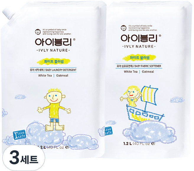 아이블리네이처 화이트 블러썸향 오트밀 성분 유아용 세제 1.2L + 섬유유연제 1.2L, 3세트