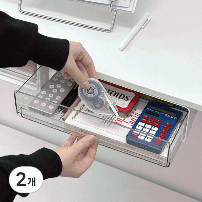 데미무드 슬라이딩 부착식 서랍 대형, 화이트 + 투명창, 2개