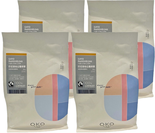 OKO 生態綠 公平單品咖啡豆 印尼迦幼山曼特寧 深烘焙 全豆, 咖啡豆(無研磨), 250g, 4包