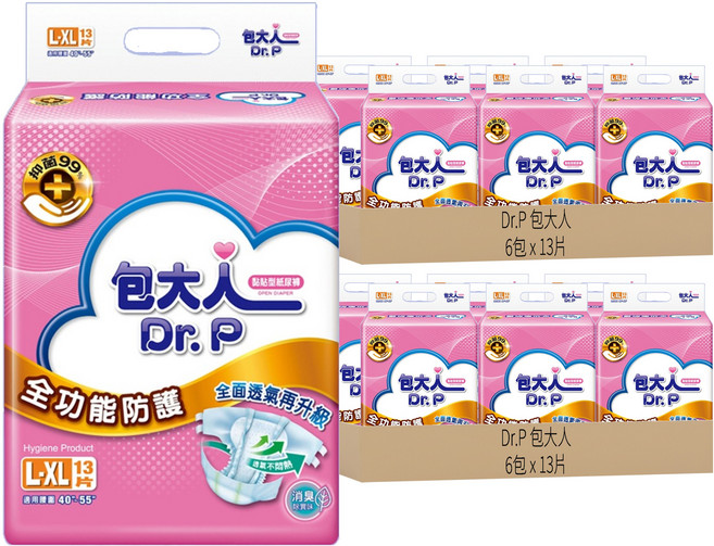 Dr.P 包大人 全功能防護 成人黏貼型紙尿褲, L-XL, 13片, 12包