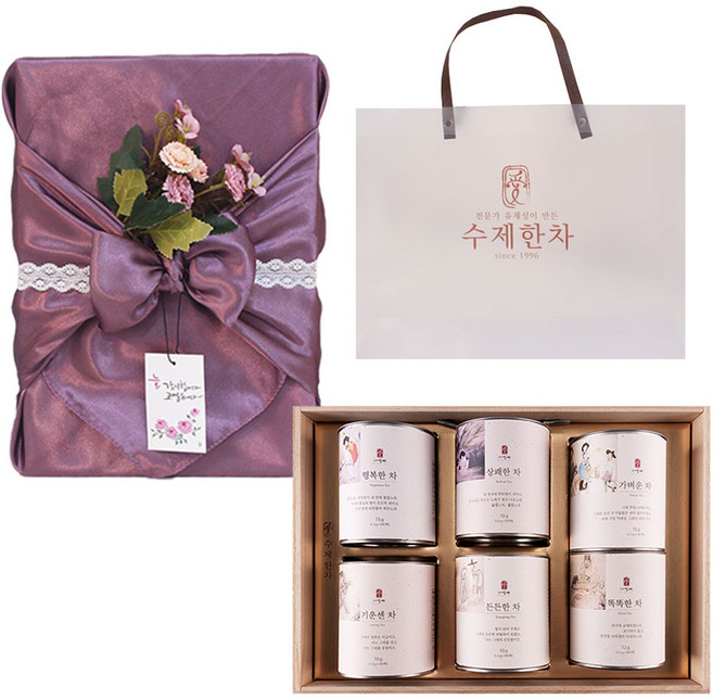 자연애 수제한차 6종 선물세트 + 진보라 보자기 + 투명 쇼핑백 랜덤발송, 수제한차 6종 + 진보라 보자기, 1세트