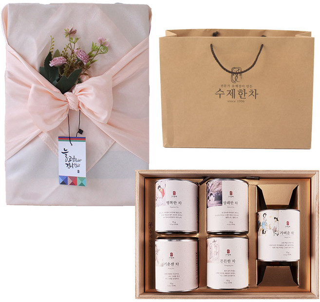 자연애 수제한차 5종 선물세트 + 쇼핑백, 차 5종 + 보자기 + 조화 꽃 + 태그 + 쇼핑백, 1세트