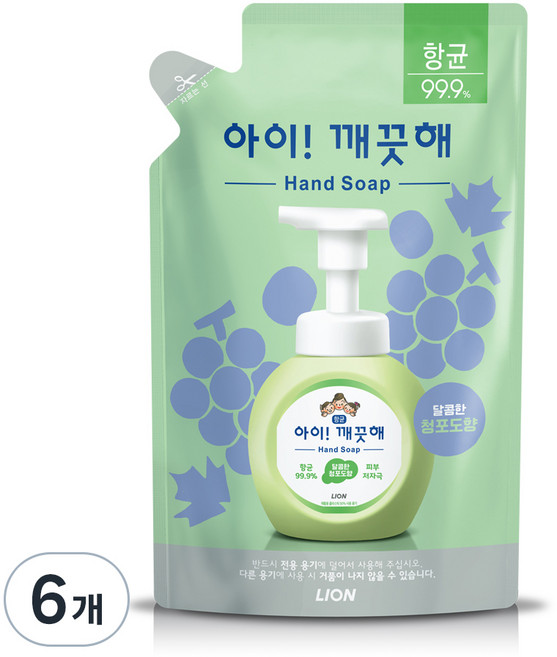아이깨끗해 항균 폼 핸드솝 리필형 청포도, 450ml, 6개