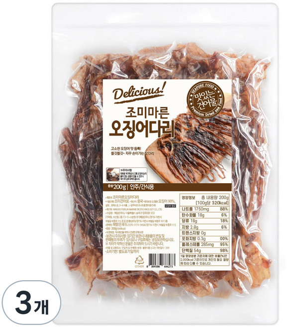 해맑은푸드 조미오징어 다리, 3개, 200g