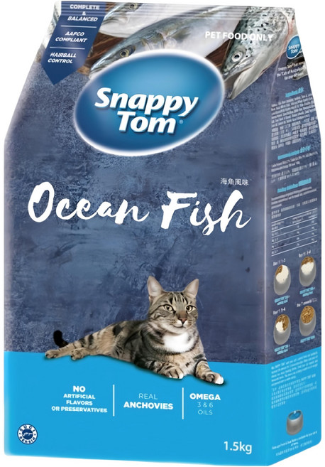 Snappy Tom 幸福貓 貓乾糧 含Omega 3&6魚油 添加小魚乾 全年齡適用, 海魚風味, 1.5kg, 1袋