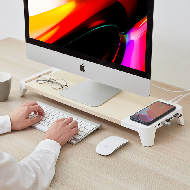 파우트 EYES8 초고속 무선충전 멀티 USB허브 모니터 받침대, 화이트