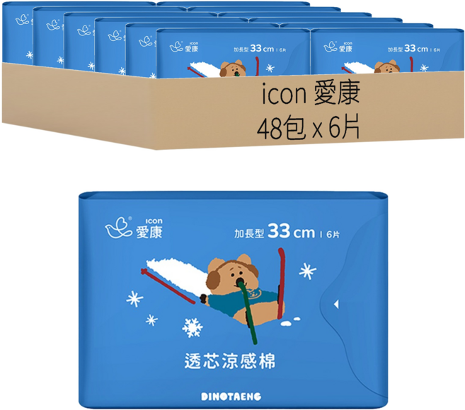 icon 愛康 透芯涼感夜用加長衛生棉 DINOTAENG特別款 護翼型, 33cm, 6片, 48包