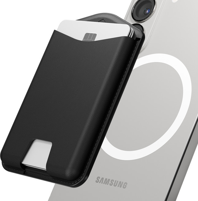 신지모루 갤럭시 카메라 간섭방지 자력강화 맥세이프 M 비카 엣지 가죽 카드지갑 케이스, 블랙, 1개