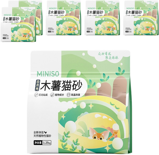 MINISO 名創優品 白月光木薯貓砂 碳晶除臭, 1.25kg, 6包, 椰奶清香