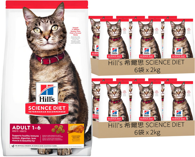 Hill's 希爾思 SCIENCE DIET 1~6歲成貓 特調食譜 乾糧, 雞肉, 2kg, 12袋