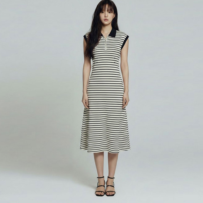 페이퍼먼츠 마셀 스트라이프 반집업 슬림 니트 원피스 14635
