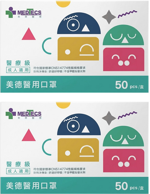 MEDTECS 美德醫療 成人醫用口罩, 灰熊棒, 50片, 2盒